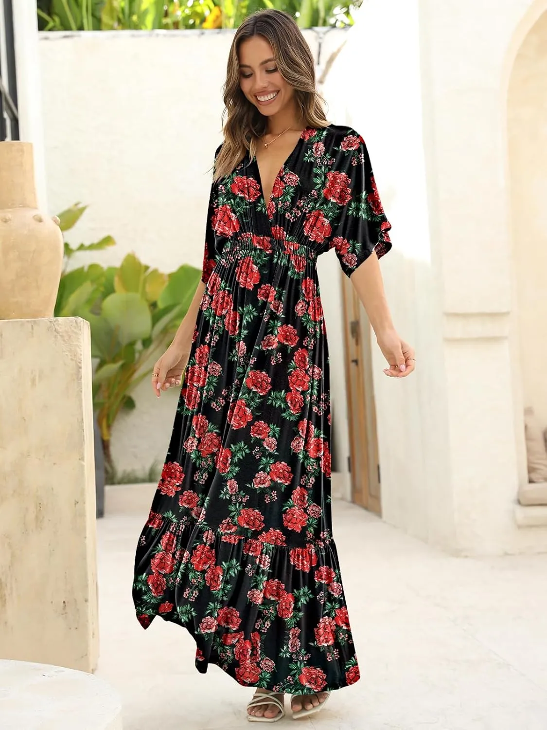DEEP SELF Women’s Summer V Neck Batwing Short Sleeve Maxi Dress Casual Loose High Waist Flowy Long Beach Dress