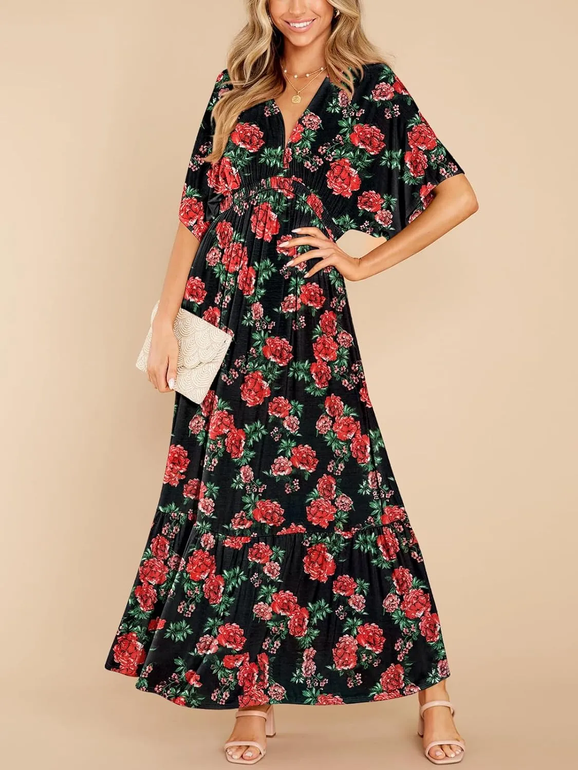 DEEP SELF Women’s Summer V Neck Batwing Short Sleeve Maxi Dress Casual Loose High Waist Flowy Long Beach Dress