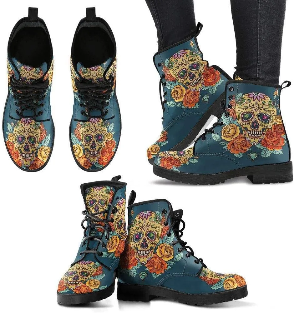Desert Sunset Sugar Skull Memory Foam Boots | All Season Lace Up Boots | Vegan Leather Combat Boot