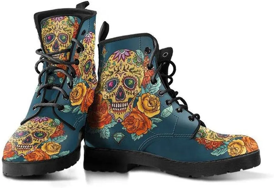 Desert Sunset Sugar Skull Memory Foam Boots | All Season Lace Up Boots | Vegan Leather Combat Boot