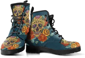 Desert Sunset Sugar Skull Memory Foam Boots | All Season Lace Up Boots | Vegan Leather Combat Boot