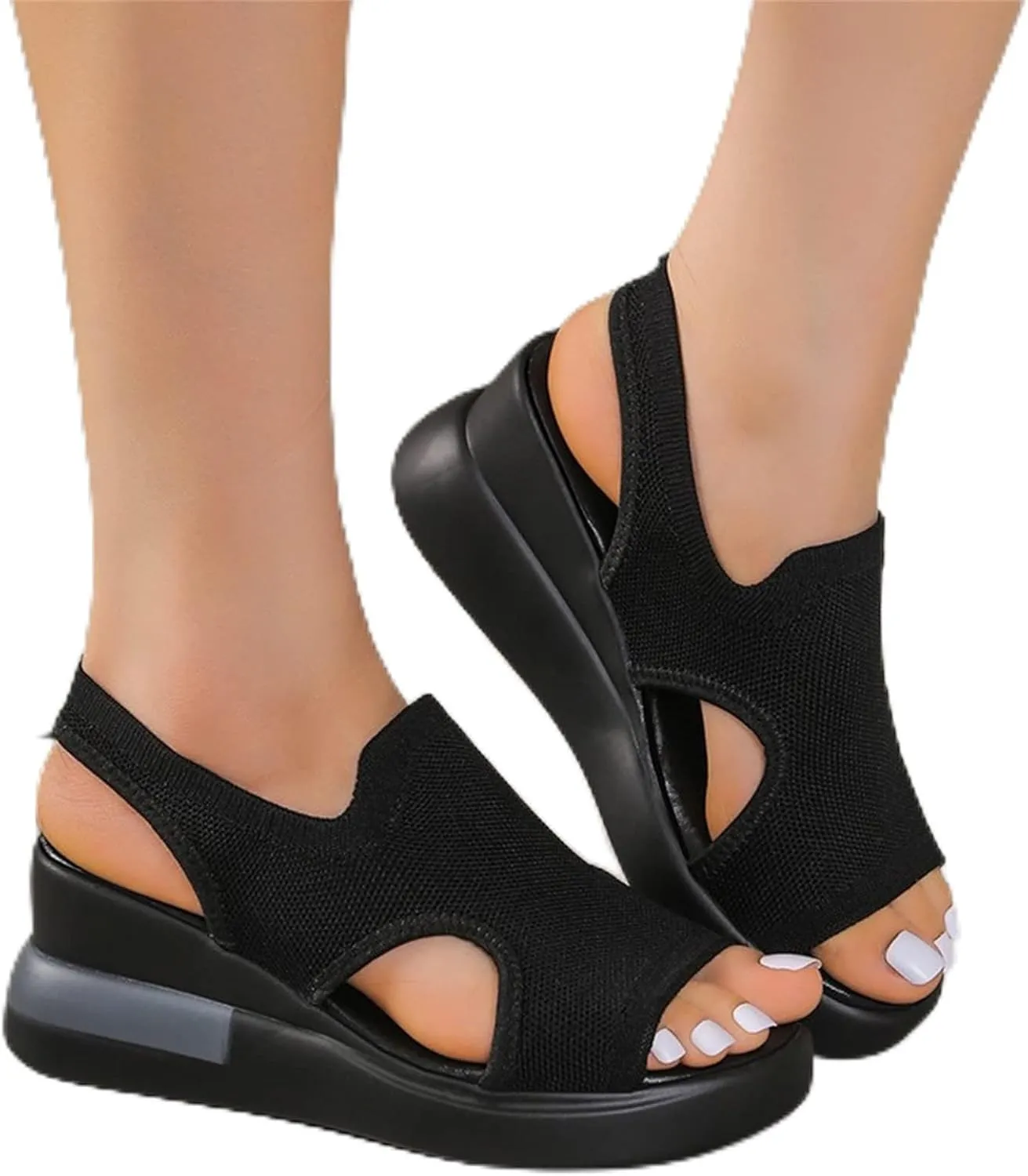 DOIX Mesh Wedges Sport Sandals for Women Comfortable Elastic Ankle Strap Fish Mouth Sandals Casual Slip on Platform Sandals Breathable Open Toe Walking Shoes Sneakers,Black,US12/EU43