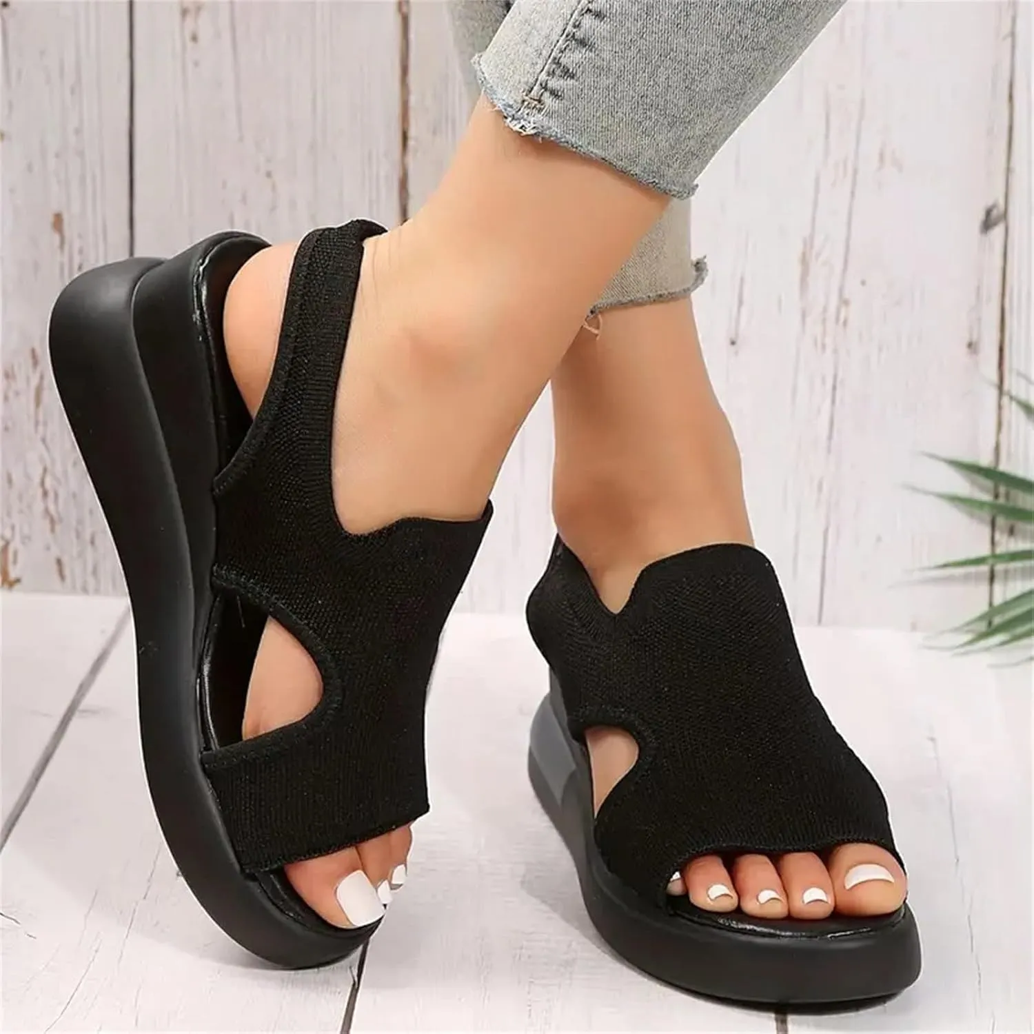 DOIX Mesh Wedges Sport Sandals for Women Comfortable Elastic Ankle Strap Fish Mouth Sandals Casual Slip on Platform Sandals Breathable Open Toe Walking Shoes Sneakers,Black,US12/EU43