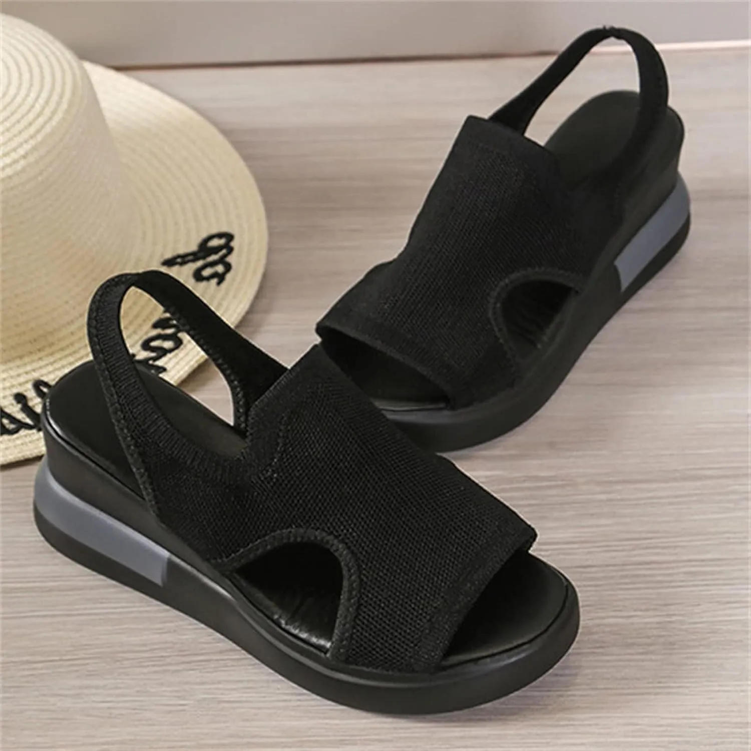 DOIX Mesh Wedges Sport Sandals for Women Comfortable Elastic Ankle Strap Fish Mouth Sandals Casual Slip on Platform Sandals Breathable Open Toe Walking Shoes Sneakers,Black,US12/EU43
