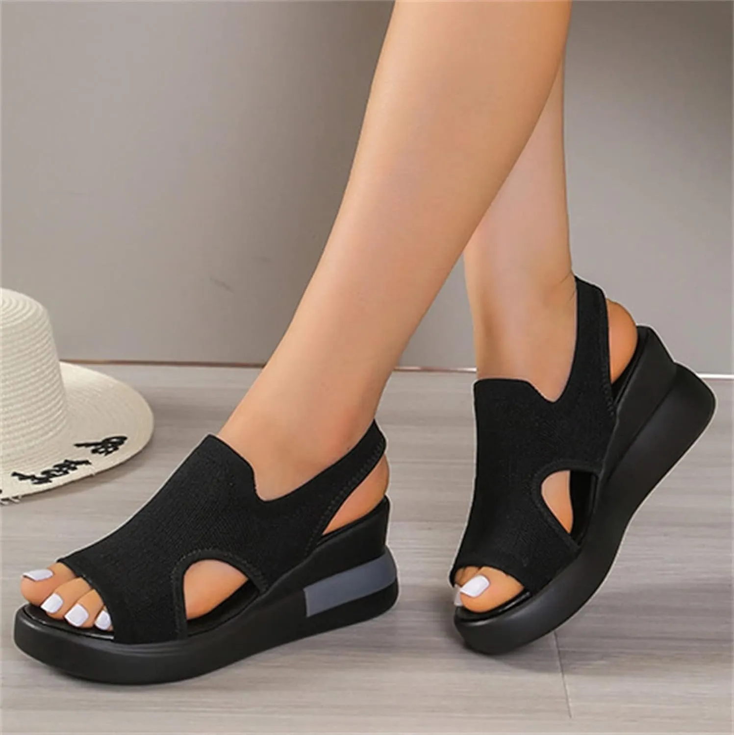 DOIX Mesh Wedges Sport Sandals for Women Comfortable Elastic Ankle Strap Fish Mouth Sandals Casual Slip on Platform Sandals Breathable Open Toe Walking Shoes Sneakers,Black,US12/EU43