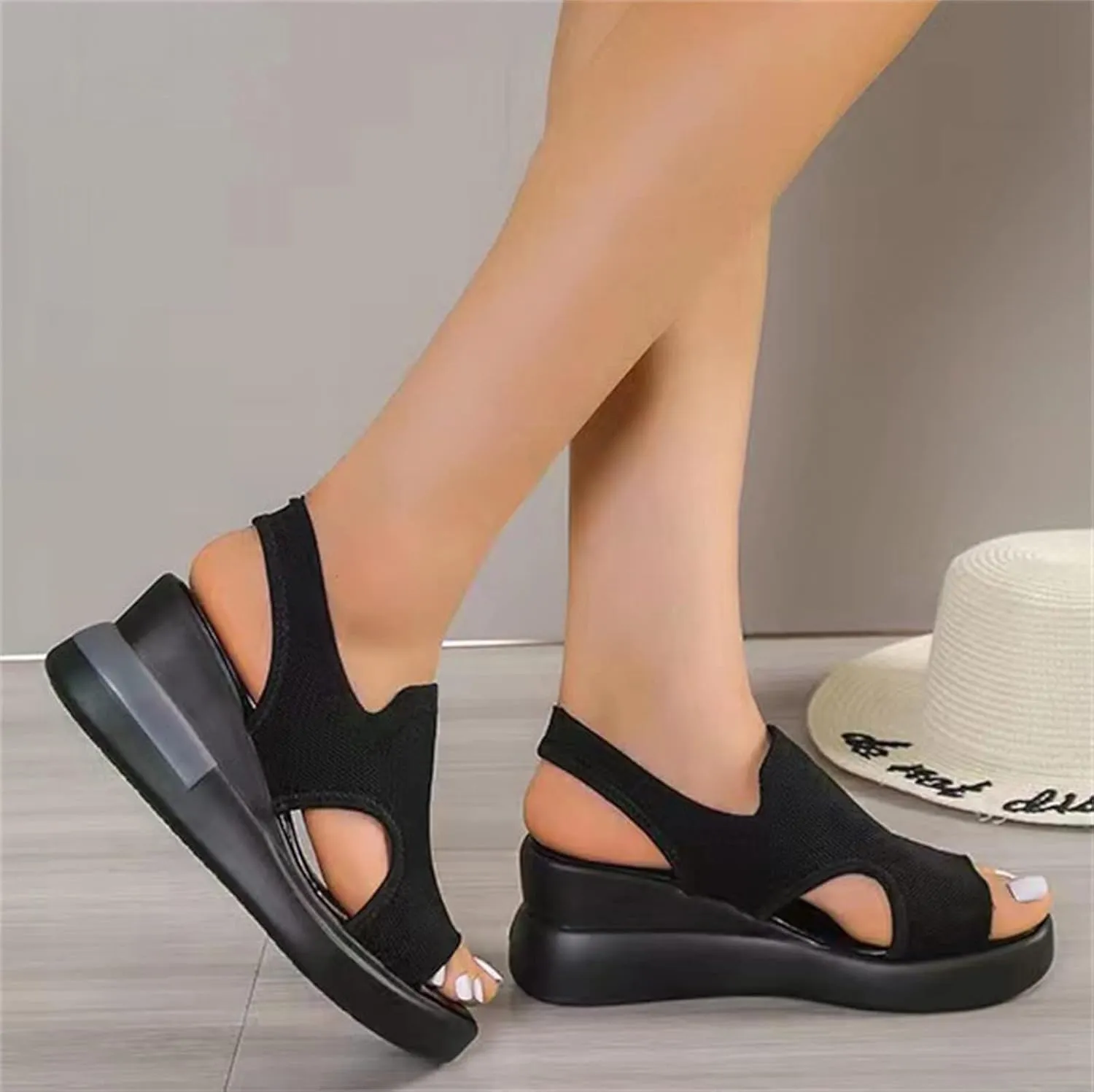DOIX Mesh Wedges Sport Sandals for Women Comfortable Elastic Ankle Strap Fish Mouth Sandals Casual Slip on Platform Sandals Breathable Open Toe Walking Shoes Sneakers,Black,US12/EU43