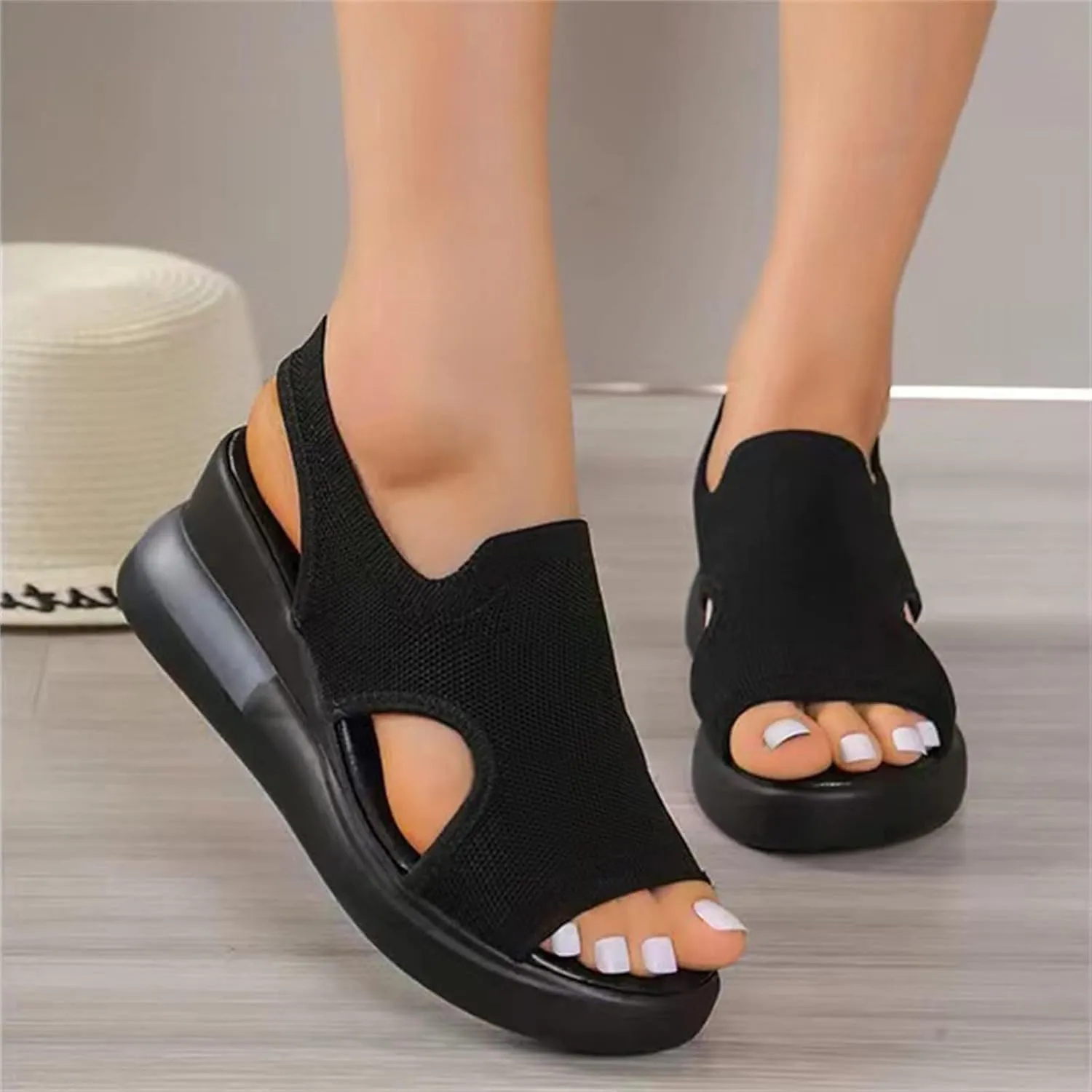 DOIX Mesh Wedges Sport Sandals for Women Comfortable Elastic Ankle Strap Fish Mouth Sandals Casual Slip on Platform Sandals Breathable Open Toe Walking Shoes Sneakers,Black,US12/EU43