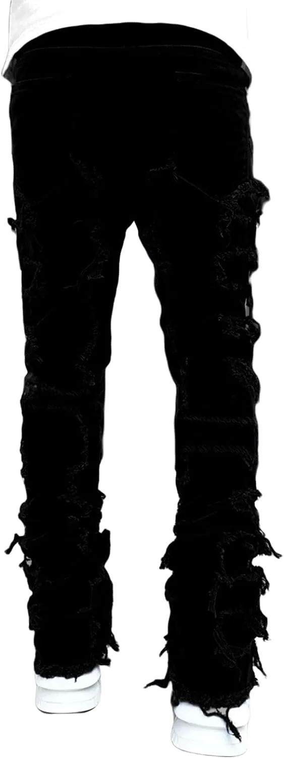 DSORVICD Mens Stacked Jeans Slim Fit Ripped Distressed Jeans Destroyed Straight Denim Pants Y2k Streetwear