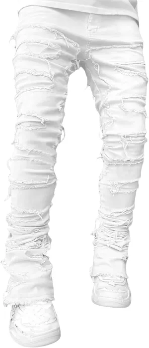 DSORVICD Mens Stacked Jeans Slim Fit Ripped Distressed Jeans Destroyed Straight Denim Pants Y2k Streetwear