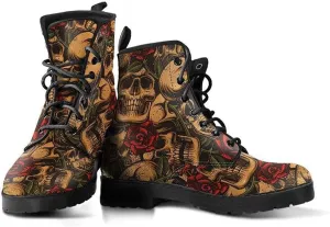 Earthy Roses and Skulls Memory Foam Boots | All Season Lace Up Boots | Vegan Leather Combat Boot
