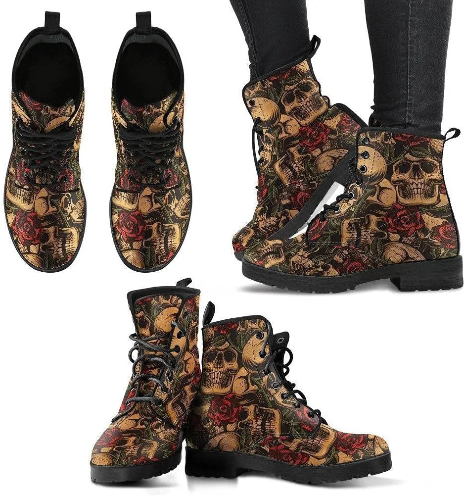 Earthy Roses and Skulls Memory Foam Boots | All Season Lace Up Boots | Vegan Leather Combat Boot