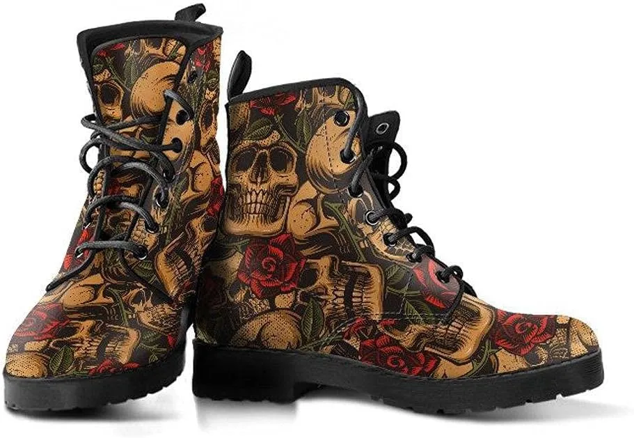 Earthy Roses and Skulls Memory Foam Boots | All Season Lace Up Boots | Vegan Leather Combat Boot