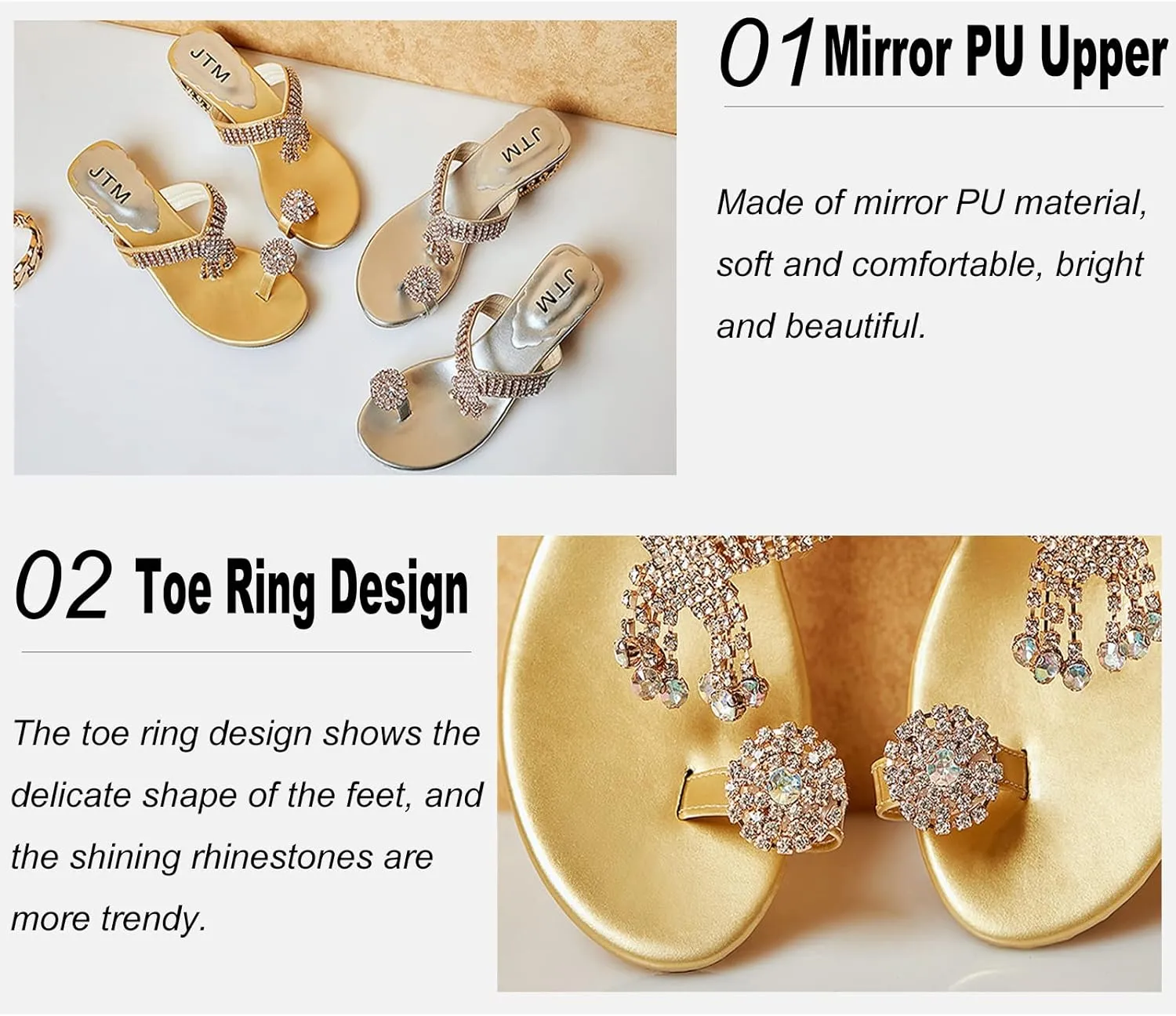 EFTCAL Women Summer Rhinestone Low Heel Toe Ring Sandals,Casual Slip On Clip Toe Sandals Beach Party Evening Slipper Sandals