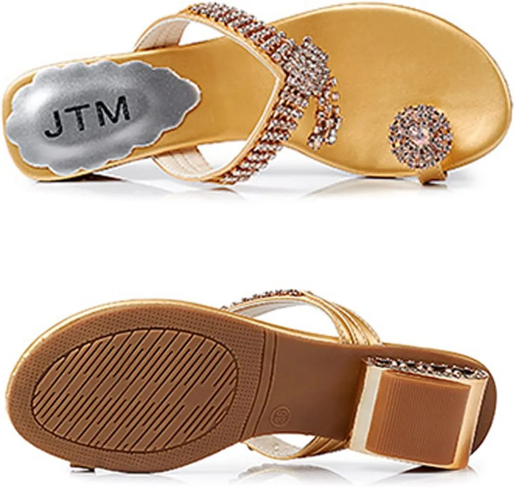EFTCAL Women Summer Rhinestone Low Heel Toe Ring Sandals,Casual Slip On Clip Toe Sandals Beach Party Evening Slipper Sandals