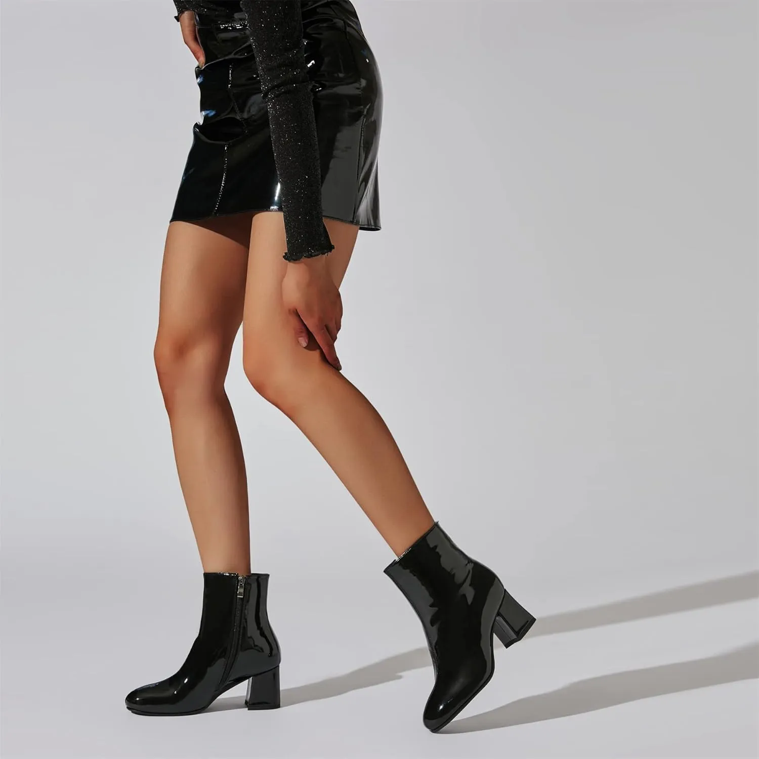 Elbslutt Women's Chunky Heeled Booties Patent Leather Square Toe Ankle Boots Zip Up Block Heel Wide Calf Short Boots