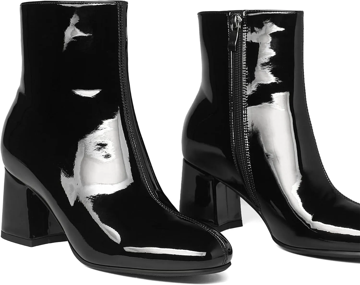 Elbslutt Women's Chunky Heeled Booties Patent Leather Square Toe Ankle Boots Zip Up Block Heel Wide Calf Short Boots