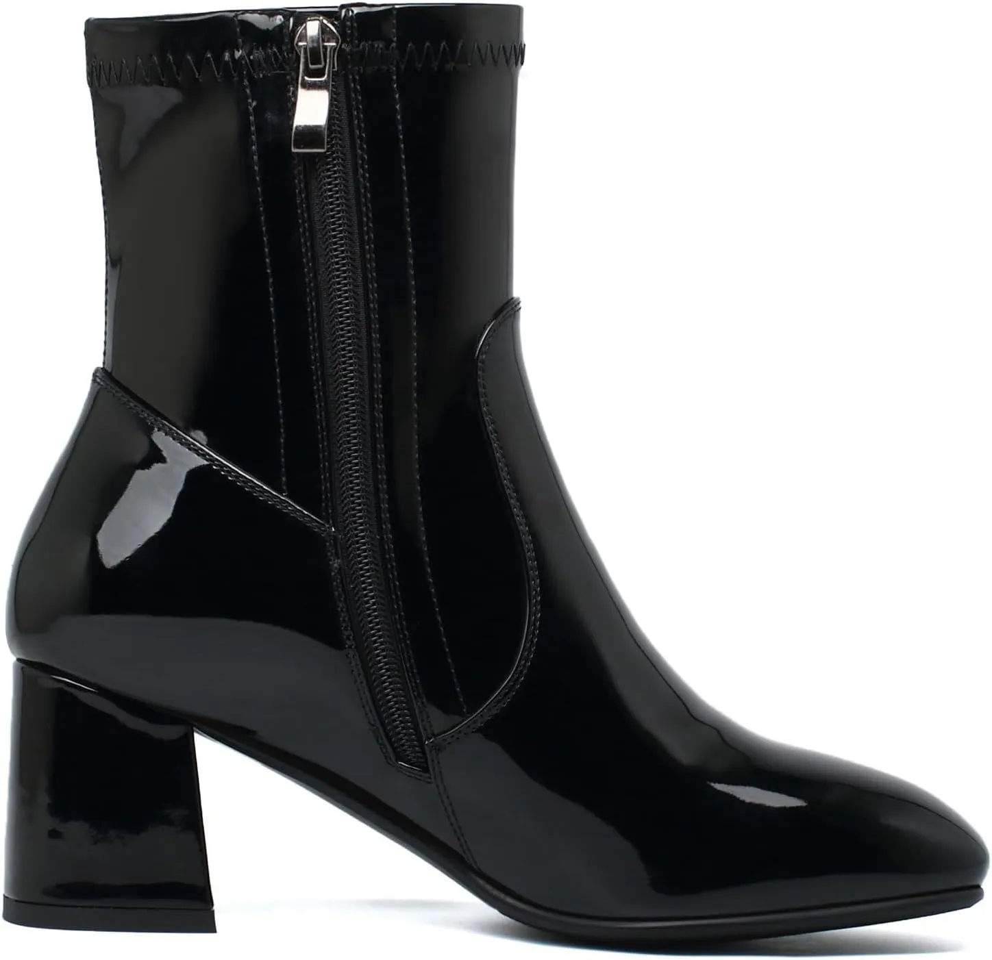 Elbslutt Women's Chunky Heeled Booties Patent Leather Square Toe Ankle Boots Zip Up Block Heel Wide Calf Short Boots