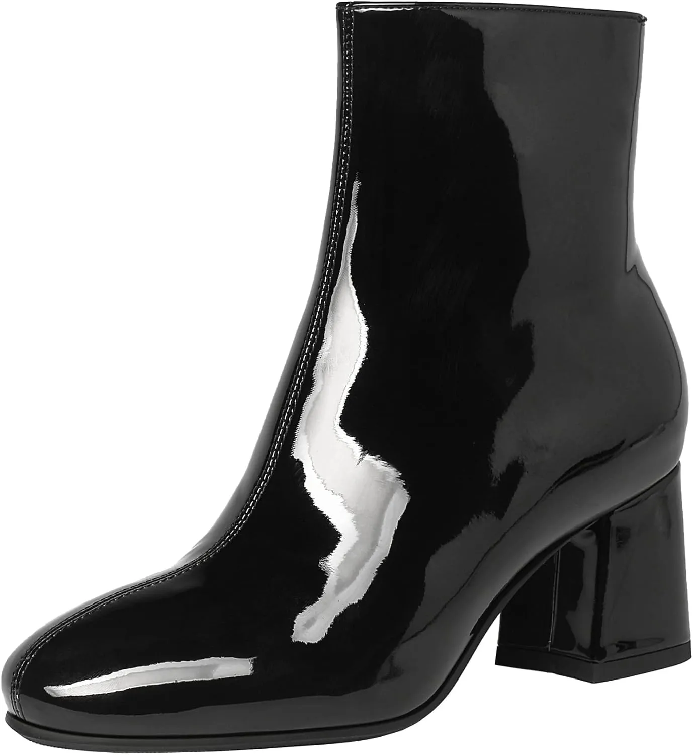 Elbslutt Women's Chunky Heeled Booties Patent Leather Square Toe Ankle Boots Zip Up Block Heel Wide Calf Short Boots