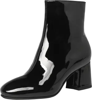 Elbslutt Women's Chunky Heeled Booties Patent Leather Square Toe Ankle Boots Zip Up Block Heel Wide Calf Short Boots