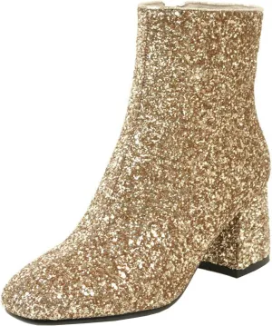 Elbslutt Women's Glitter Sparkly Booties Chunky Heels Ankle Boots Back Zipper Block Heeled Short Sequin Boots Wedding Bridal Party Dress Shoes