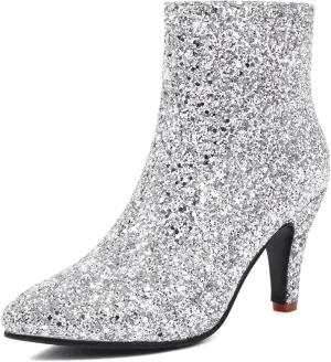 Elbslutt Women's Glitter Sparkly Booties Pointed Toe Kitten Heel Ankle Boots Side Zipper Low Mid Heeled Short Sequin Boots