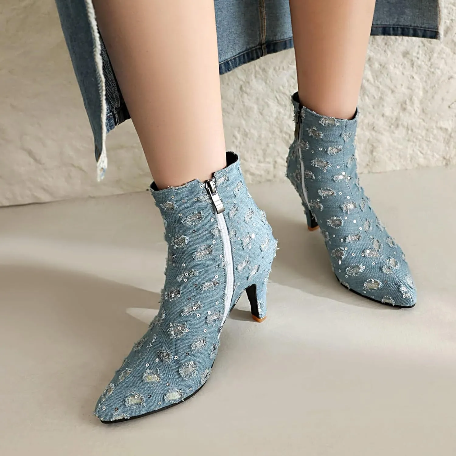 Elbslutt Women's Glitter Sparkly Booties Pointed Toe Kitten Heel Ankle Boots Side Zipper Low Mid Heeled Short Sequin Boots