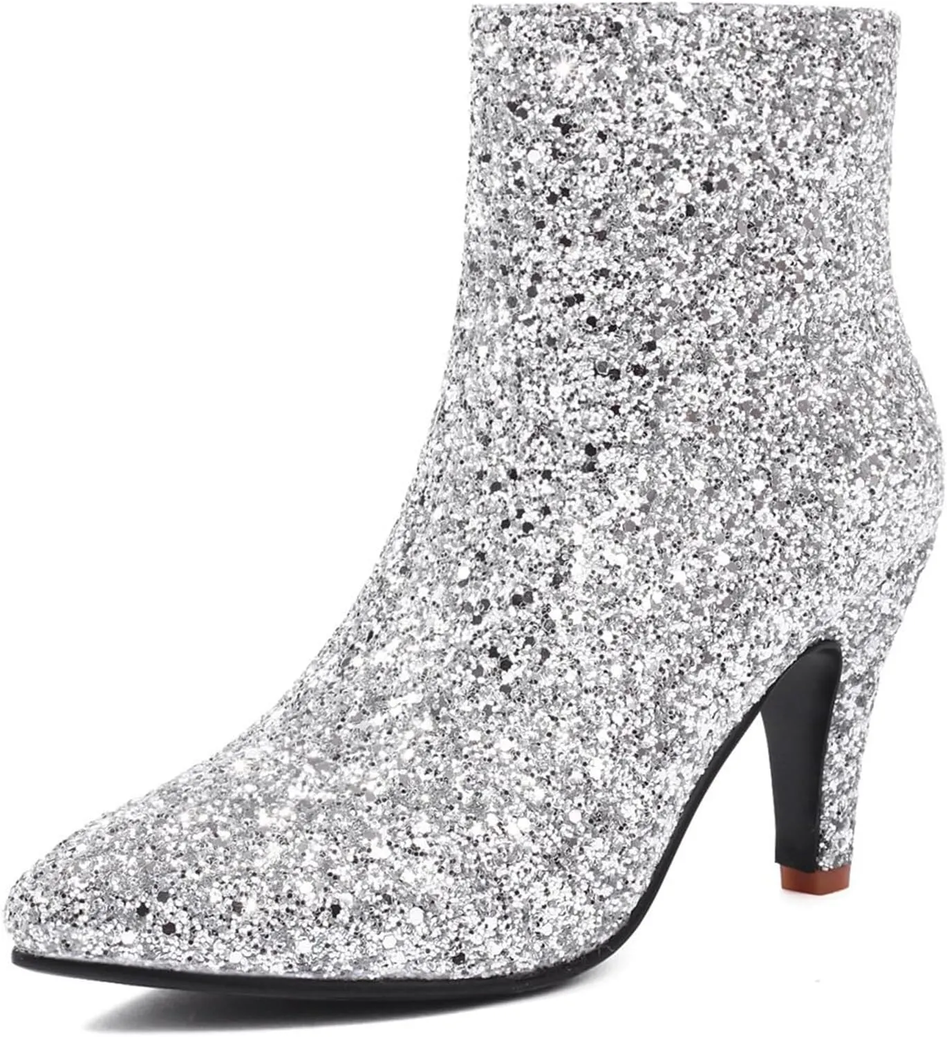 Elbslutt Women's Glitter Sparkly Booties Pointed Toe Kitten Heel Ankle Boots Side Zipper Low Mid Heeled Short Sequin Boots