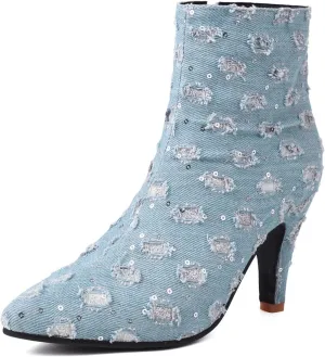 Elbslutt Women's Glitter Sparkly Booties Pointed Toe Kitten Heel Ankle Boots Side Zipper Low Mid Heeled Short Sequin Boots