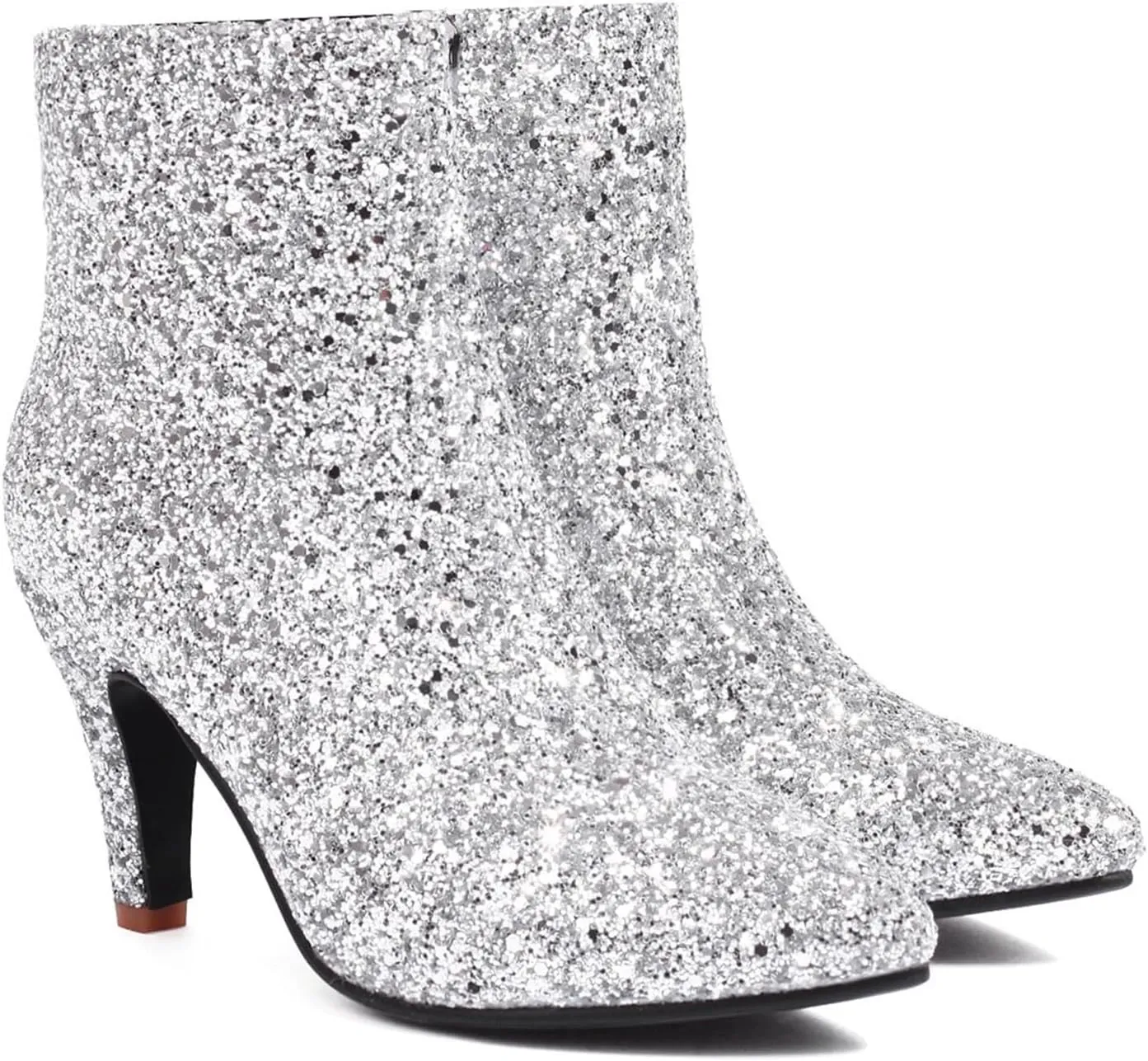 Elbslutt Women's Glitter Sparkly Booties Pointed Toe Kitten Heel Ankle Boots Side Zipper Low Mid Heeled Short Sequin Boots