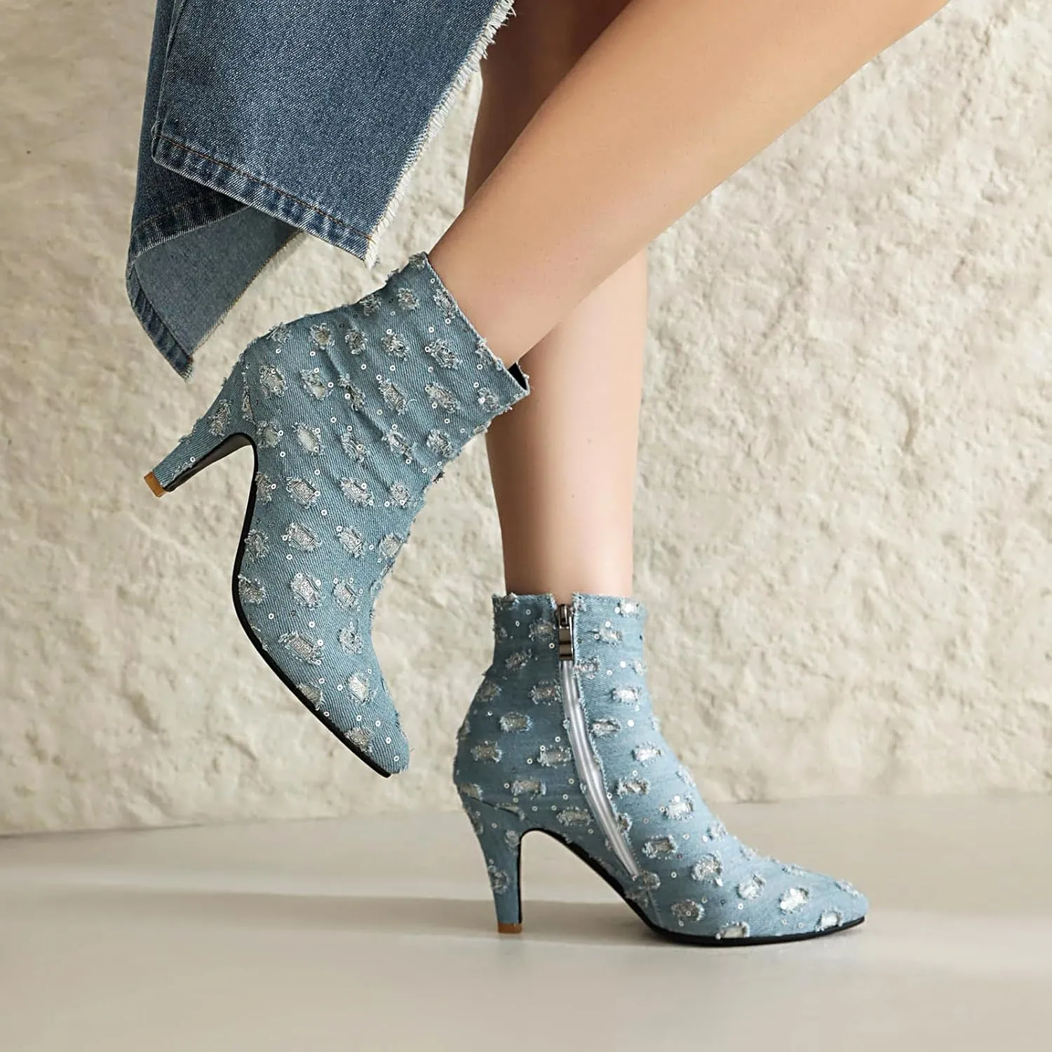 Elbslutt Women's Glitter Sparkly Booties Pointed Toe Kitten Heel Ankle Boots Side Zipper Low Mid Heeled Short Sequin Boots