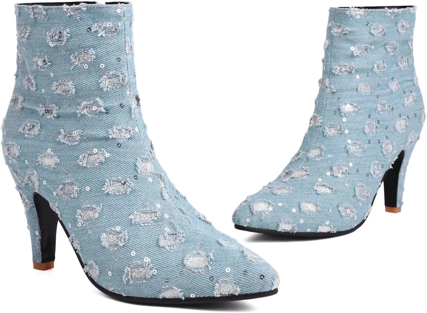 Elbslutt Women's Glitter Sparkly Booties Pointed Toe Kitten Heel Ankle Boots Side Zipper Low Mid Heeled Short Sequin Boots