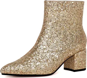 Elbslutt Women's White Pointed Toe Booties Chunky Block Heel Ankle Boots Side Zipper Short Boots