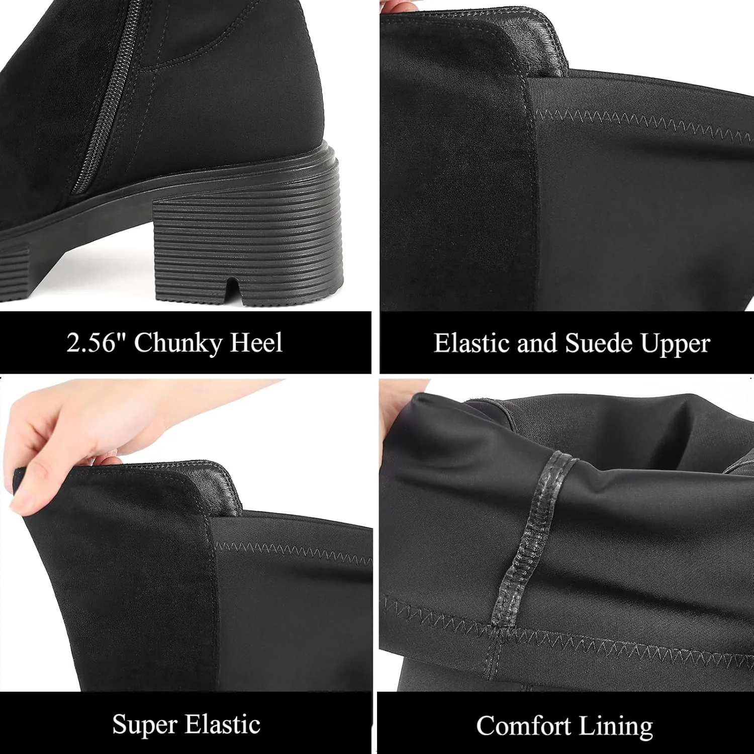 ErikenUrben Women Black Thigh High Boots Suede Over The Knee High Boots Platform Chunky Heel Stretch Boots Zip