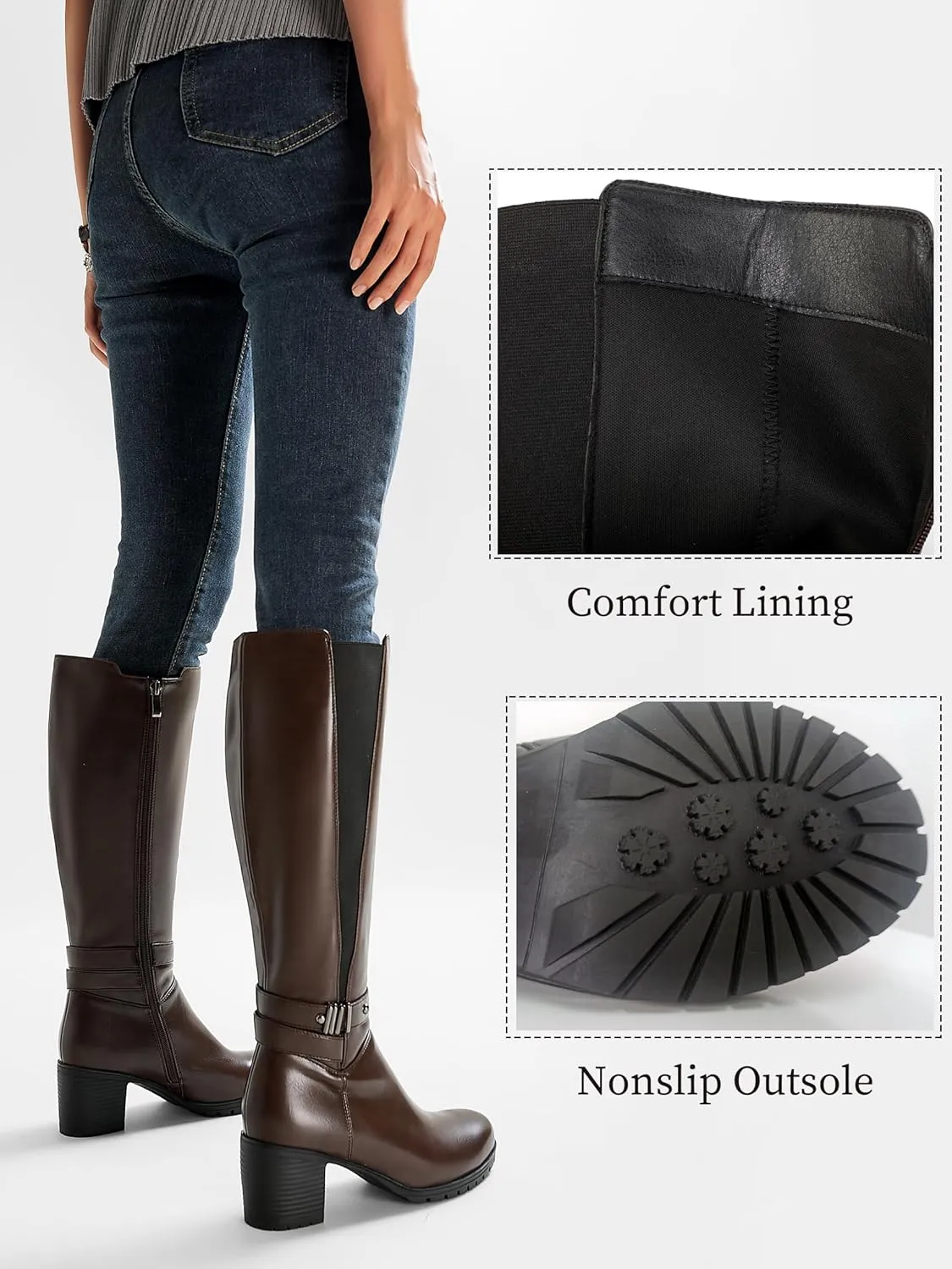 ErikenUrben Women's Knee-High Riding Boots Chunky Heel Buckle Calf Boots Zip