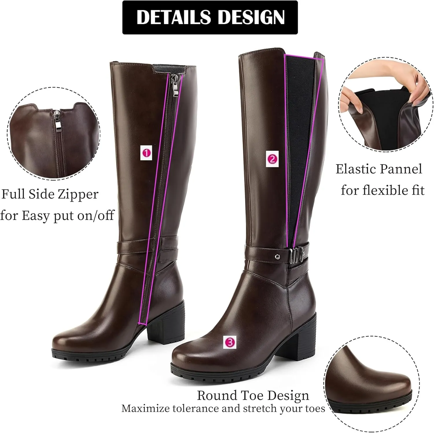 ErikenUrben Women's Knee-High Riding Boots Chunky Heel Buckle Calf Boots Zip