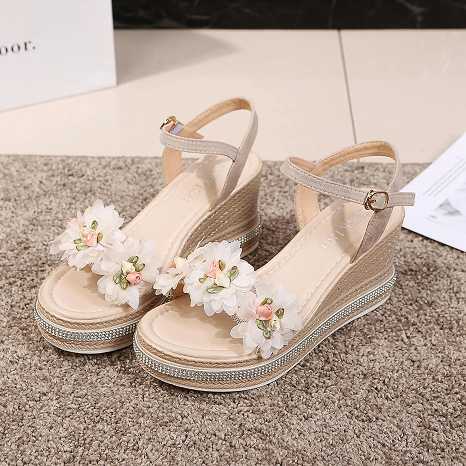 Espadrille Platform Wedge Sandals for Women Flower Decor Open Toe Dressy Wedges Elastic Ankle Strap Summer Sandals