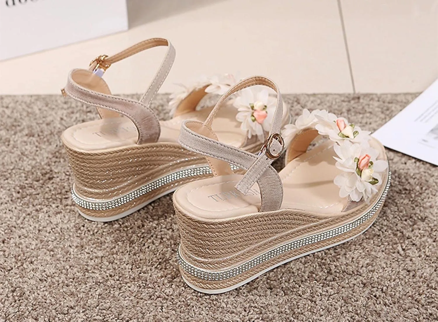 Espadrille Platform Wedge Sandals for Women Flower Decor Open Toe Dressy Wedges Elastic Ankle Strap Summer Sandals