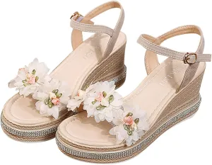Espadrille Platform Wedge Sandals for Women Flower Decor Open Toe Dressy Wedges Elastic Ankle Strap Summer Sandals
