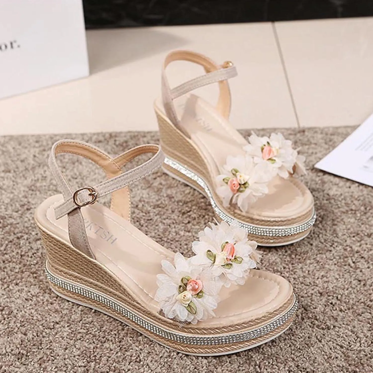 Espadrille Platform Wedge Sandals for Women Flower Decor Open Toe Dressy Wedges Elastic Ankle Strap Summer Sandals