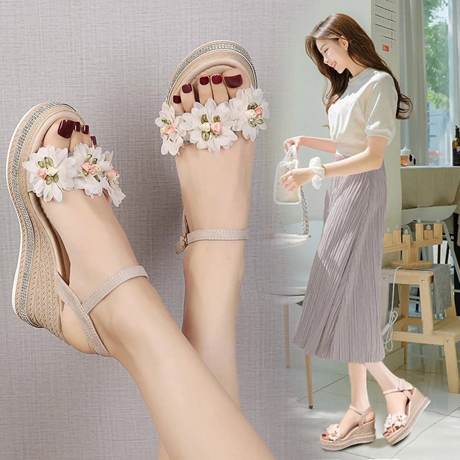 Espadrille Platform Wedge Sandals for Women Flower Decor Open Toe Dressy Wedges Elastic Ankle Strap Summer Sandals