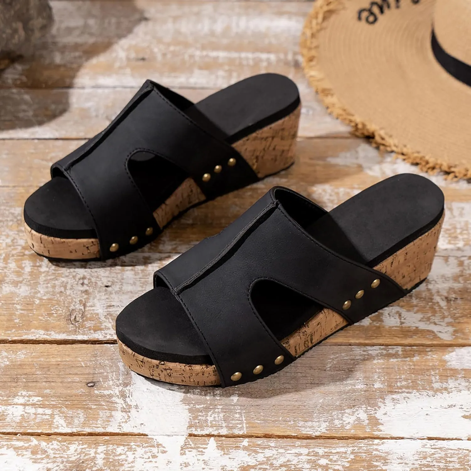 Espadrilles Platform Slides for Women Casual Summer Slide Platform Sandals, Slip On Wedge Sandals Open Toe Espadrilles Slides Dressy High Heel Beach Sandal Comfortable Wedges Shoe Mules, 9.5