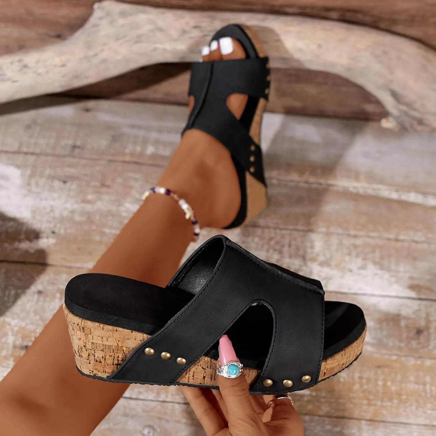 Espadrilles Platform Slides for Women Casual Summer Slide Platform Sandals, Slip On Wedge Sandals Open Toe Espadrilles Slides Dressy High Heel Beach Sandal Comfortable Wedges Shoe Mules, 9.5