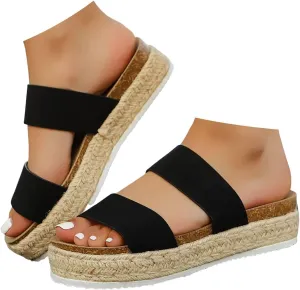 Espadrilles Woven Wedge Sandals for Women,Platform Sandals Women Fashion Wedges Mid Heels Open Toe Espadrilles Slip on Shoes Daily Wear Outdoor Dressy Platform Beach Walking Sandal