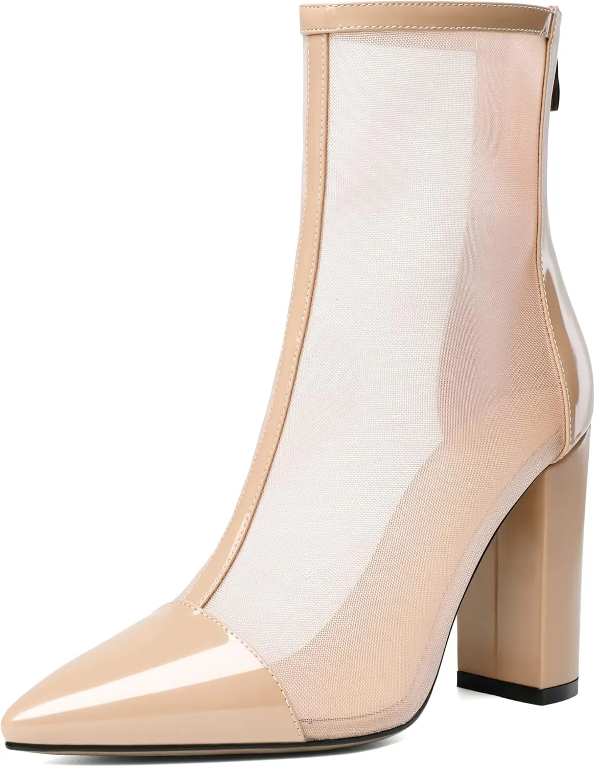 Esvowido Women's Mesh Booties Chunky Heels Pointed Toe High Heel 4 Inch High Top Sandals Zip Summer Sexy Elegant Comfort Fashion Shoes