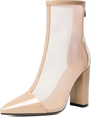 Esvowido Women's Mesh Booties Chunky Heels Pointed Toe High Heel 4 Inch High Top Sandals Zip Summer Sexy Elegant Comfort Fashion Shoes