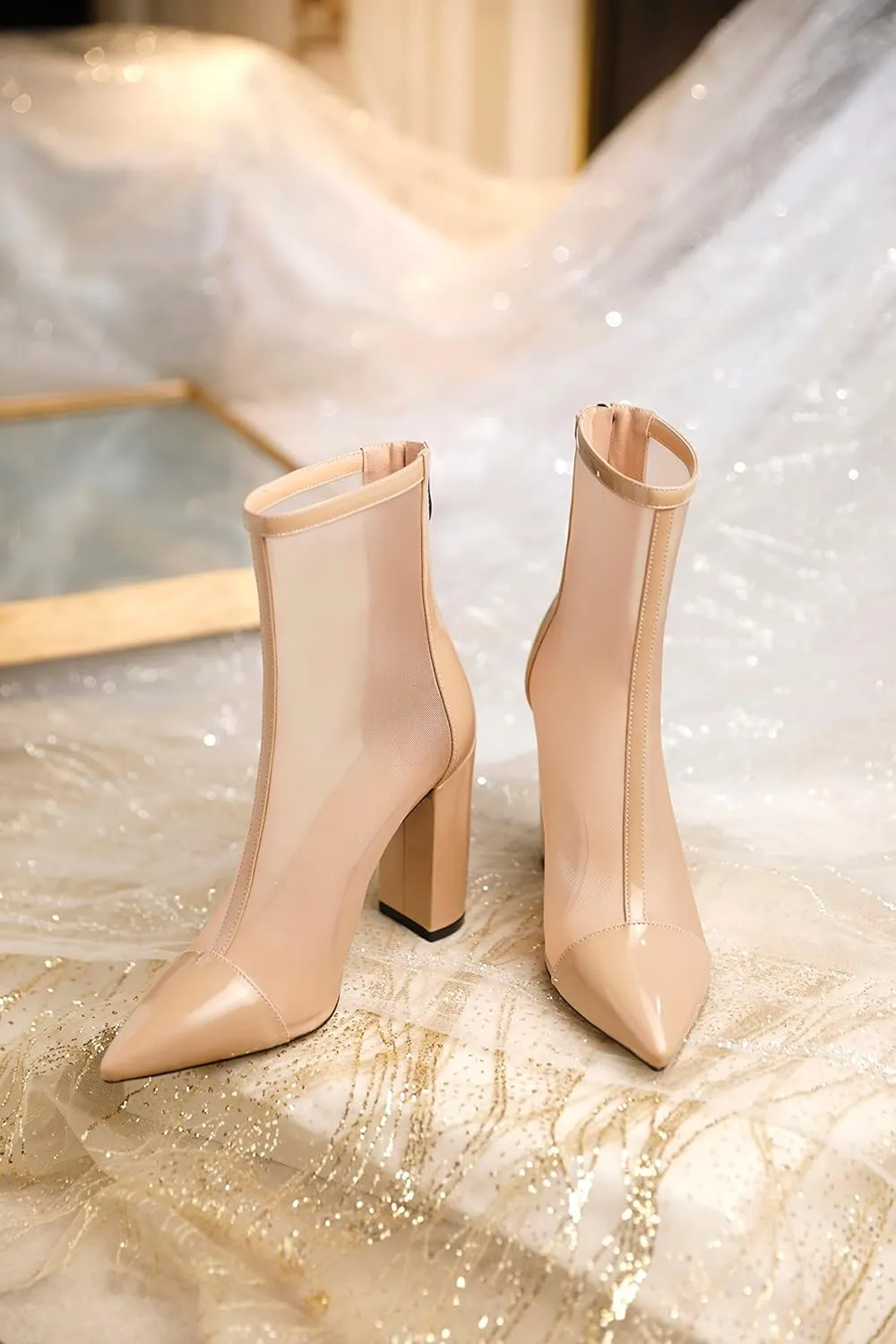 Esvowido Women's Mesh Booties Chunky Heels Pointed Toe High Heel 4 Inch High Top Sandals Zip Summer Sexy Elegant Comfort Fashion Shoes