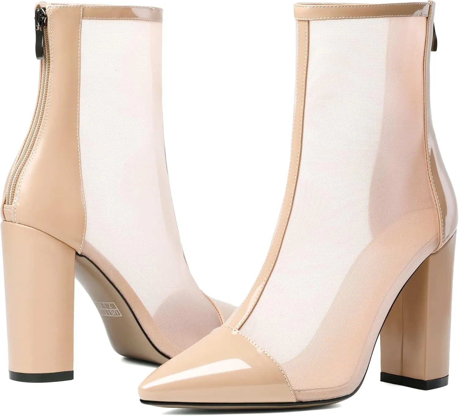 Esvowido Women's Mesh Booties Chunky Heels Pointed Toe High Heel 4 Inch High Top Sandals Zip Summer Sexy Elegant Comfort Fashion Shoes