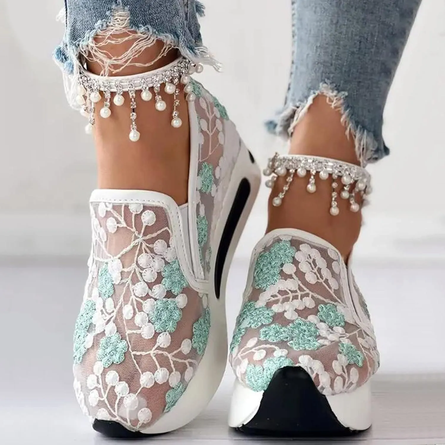 Fashion Sneakers for Women 2025, Floral Embroidery Breathable Sheer Mesh Lace Sneakers Slip on Sneakers Platform Wedge Sneakers Dressy Casual Walking Shoes
