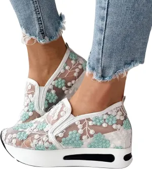 Fashion Sneakers for Women 2025, Floral Embroidery Breathable Sheer Mesh Lace Sneakers Slip on Sneakers Platform Wedge Sneakers Dressy Casual Walking Shoes
