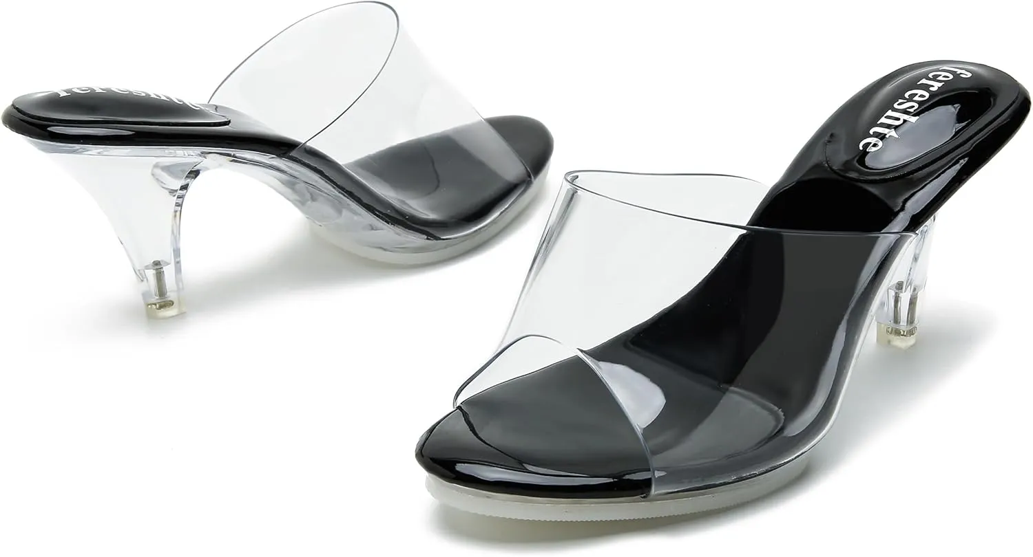 fereshte Women's Clear Heels Sandals Clear Strap Slip On Transparent Kitten Mules